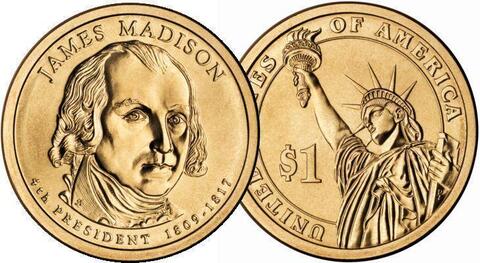 1 доллар 4-й президент США Джеймс Мэдисон 2007 год