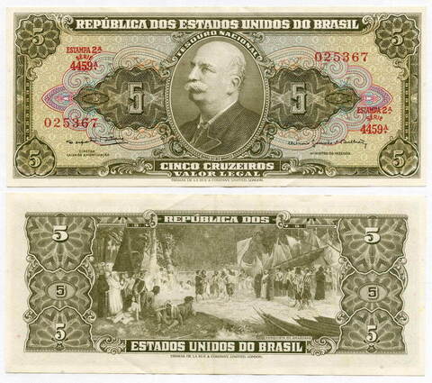 Банкнота Бразилия 5 крузейро 1962 год № 025367. XF