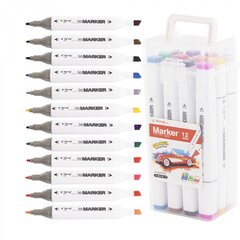 Набор cкетчмаркеров DUO Yalong,12 цв, основные, пулевид./клиновид 1-5 мм, сечение корпуса квадрат, спирт. осн., пласт. пенал с ручкой