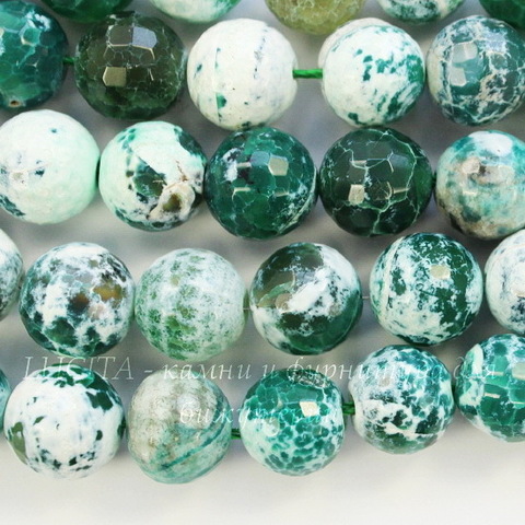 Бусина Агат, шарик, цвет - зеленый с белым, 14 мм, нить