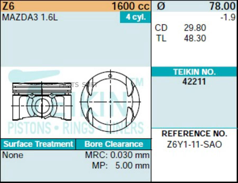 Поршень двигателя TEIKIN 42211 0.50 (4шт/упак)