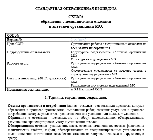 СОП «Схема Обращения С Медицинскими Отходами В Больничной Аптеке»