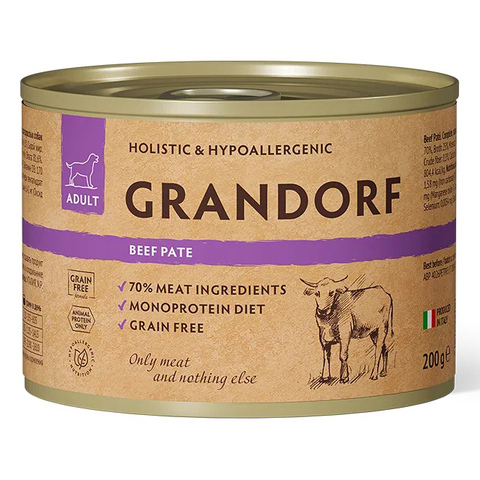 GRANDORF (Beef Pate) MONOPROTEIN монопротеиновый влажный корм для собак всех пород (беззерновая формула для особо аллергичных собак), ГОВЯДИНА, 200г х 6 шт