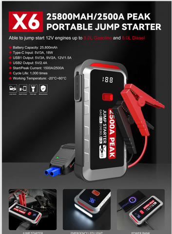 Портативное пусковое устройство X6 (25800mAh, 2500A)