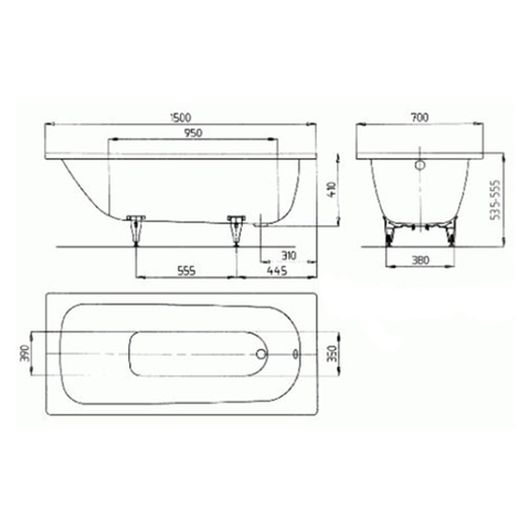 Ванна стальная Kaldewei  Saniform Plus 150x70 standard mod. 361-1 схема