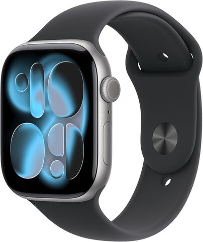 Умные часы Apple Watch Series 11 46 мм из алюминия цвета «серый космос», спортивный ремешок черного цвета (M/L)