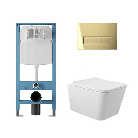 Aqueduto AQDS374T AQD комплект: TECNICA Novo Система инсталляции для подвесного унитаза, RETANGULO Novo Панель смыва, шлифованное золото, MACIO Tornado Унитаз подвесной 520*370 безободковый, Tornado, сиденье с микролифтом, белый глянцевый