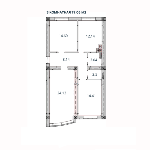 3-комн. квартира, 79,05м²; 2,3 этаж