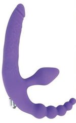 Фиолетовый безремневой страпон с анальным отростком и вибрацией - 15 см. - 