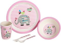 Набор детской посуды из бамбука  Розовый слоник , 5 предметов: тарелка, миска, стакан, столовые приборы