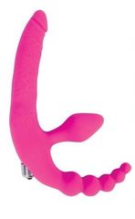Розовый безремневой страпон с анальным отростком и вибрацией - 15 см. - 