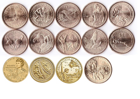 Набор Сакагавея из 14 монет 1$ 2009-2020 (Микс дворов P+D)