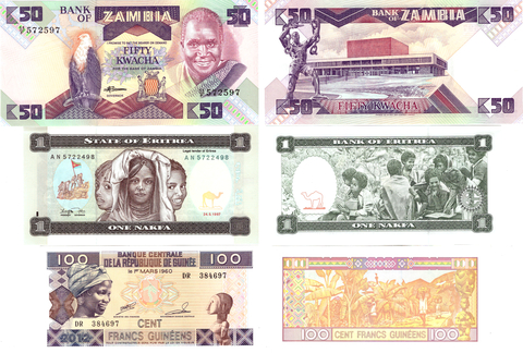 Гвинея 100 франков 2012 г. Эритрия 1 накфа 1997 г. Замбия 50 квача 1986-88 г. Банкноты 3 шт. Пресс UNC