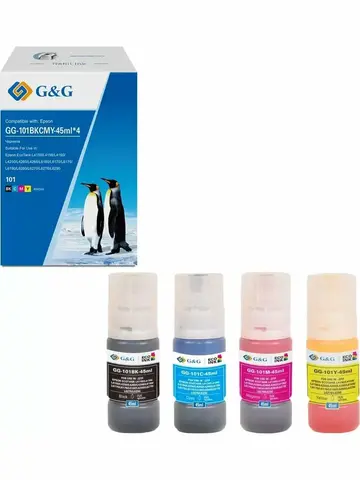 Чернила G&G GG-101BKCMY набор 4 цвета по 45 мл для Epson EcoTank L4150, L14150, L4156, L4160, L4250, L4260, L4266, L6160, L6170, L6176, L6190, L6260, L6270, L6276, L6290