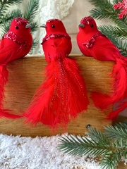 Птички Красные перьевые, на зажиме, 14-16 см, набор 3 шт