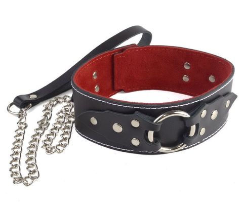 Чёрный кожаный ошейник с красной изнанкой и поводком - Sitabella BDSM accessories 3122-1