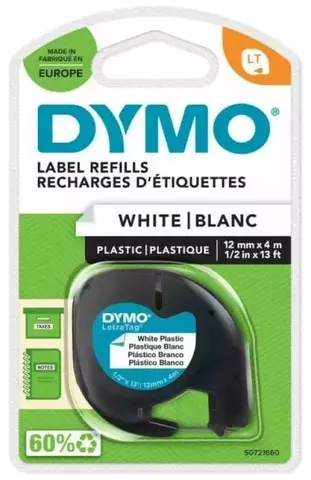 Лента  DYMO для LT-100H 12мм х4 м, пластиковая, белая, шрифт черный,  1 шт в блистере