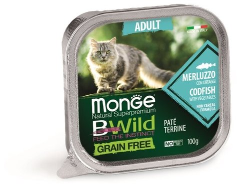 Monge Cat BWild GRAIN FREE беззерновые консервы из трески с овощами для взрослых кошек 100г