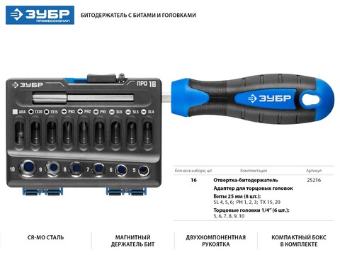 ЗУБР Отвертка-битодержатель с насадками (25216)