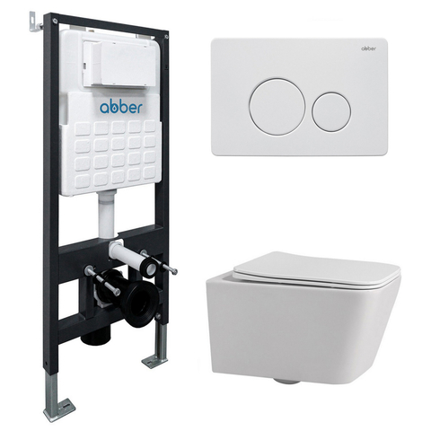 Abber AC1201-AC0105-AC0121MW Комплект подвесной унитаз Abber Rechteck AC1201 белый с инсталляцией AC0105 и кнопкой AC0121MW белая матовая