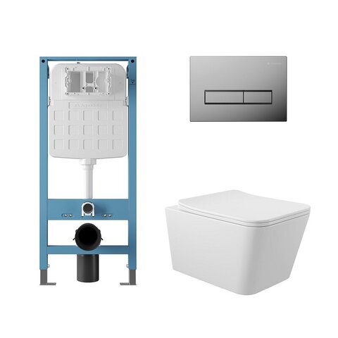 Aqueduto AQDS367T AQD комплект: TECNICA Novo Система инсталляции для подвесного унитаза, RETANGULO Панель смыва, хром, MACIO Tornado Унитаз подвесной 520*370 безободковый, Tornado, сиденье с микролифтом, белый глянцевый