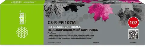 Картридж перезаправляемый струйный Cactus CS-R-PFI107M пурпурный для Canon imageProGRAF iPF670, 680, 685, 770, 780, 785 без чипа