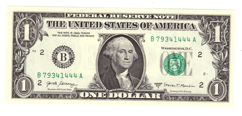 Счастливая банкнота США 1 доллар 2017А красивый номер В 79341444 А аUNC