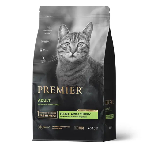 Сухой корм Premier Cat Lamb&Turkey ADULT свежий ягненок и индейка для кошек, 400 гр (Премьер)
