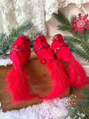 Птички Красные перьевые, на зажиме, 14-16 см, набор 3 шт