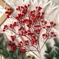 Ягоды красные искусственные на ветке, гроздь 24 см., 8-15 мм., набор 10 шт.