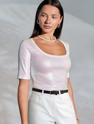 Футболка облегающая из хлопка в рубчик с U вырезом и матовым покрытием металлик  D49.120 (129368)