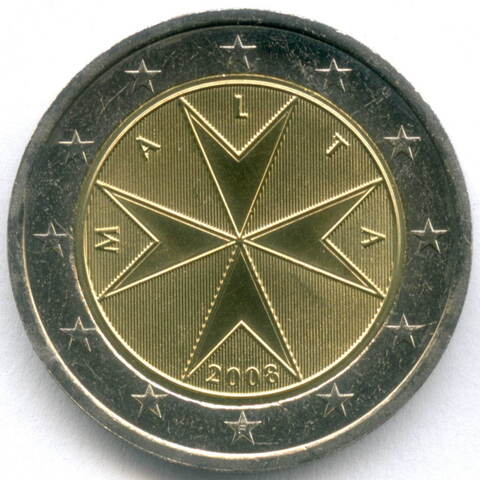2 евро 2008 год. Мальта. Регулярный выпуск. Биметалл AU