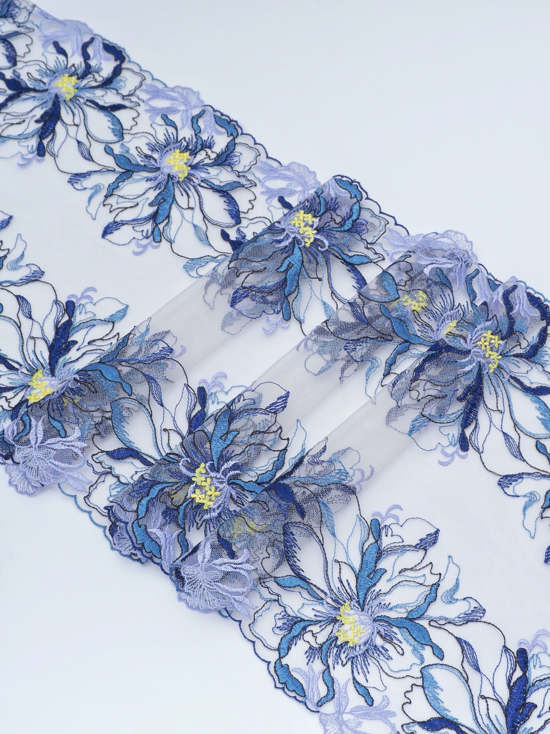 Кружево вышивка на сетке цвет мультиколор (темно-синий, желто-зеленый, орхидея, деним) неэластичная ширина 27 см