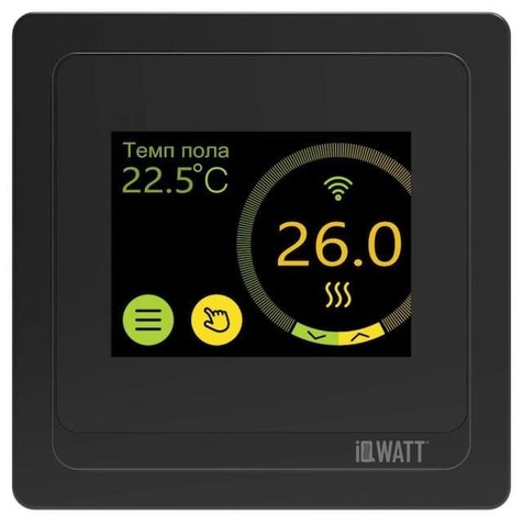 Умный терморегулятор/термостат сенсорный цветным дисплеем для тёплого пола wi-fi. Цвет Чёрный. IQWATT серия SMART HEAT. SMARTHEATWiFiBLACKA