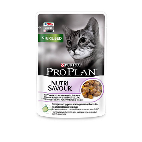 Влажный корм Purina ProplanPro Plan Sterilised, для стерилизованных кошек, индейка в желе, 85 г