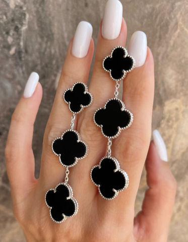 Серьги Trendy из серебра 925 пробы клевер - 3 мотива c черным агатом