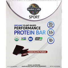 Garden of Life, Sport, органический протеиновый батончик на растительной основе, со вкусом шоколадной помадка, 12 батончиков, весом 75 г (2,7 унции) каждый