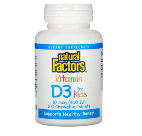 Natural Factors, Витамин D3, со вкусом клубники, 400 МЕ, 100 жевательных таблеток
