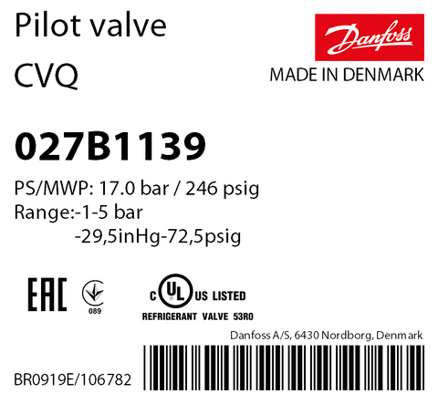 Пилотный соленоидный клапан постоянного давления Danfoss CVQ 027B1139