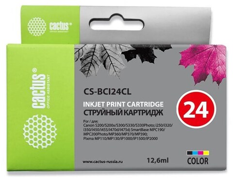 Картридж струйный Cactus CS-BCI24CL многоцветный (12.6мл) для Canon S200, S200x, S300, S330, S330, Photo i250, i320, i350, i450, i455, i470D, i475D, SmartBase MPC190, 200 Photo, MP360, 370, 390, Pixma MP110, 130, iP1000, iP1500, iP2000