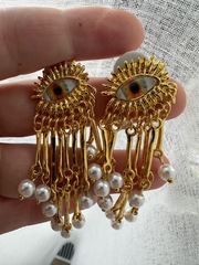 73344- Серьги YELLOW EYE в стиле Schiaparelli с подвесками из речного жемчуга