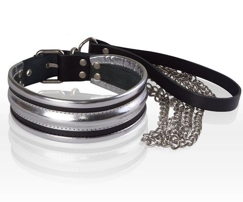 Серебристо-черный ошейник с поводком - Sitabella BDSM accessories 3126-16