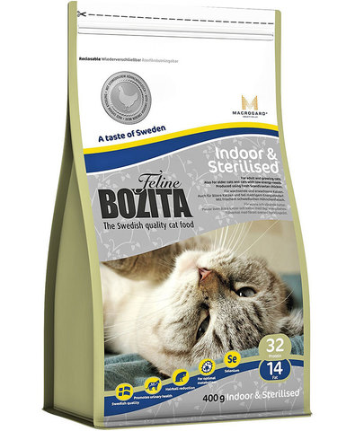 BOZITA Feline Indoor & Sterilised сухой корм для растущих, взрослых и малоподвижных кошек 400 г