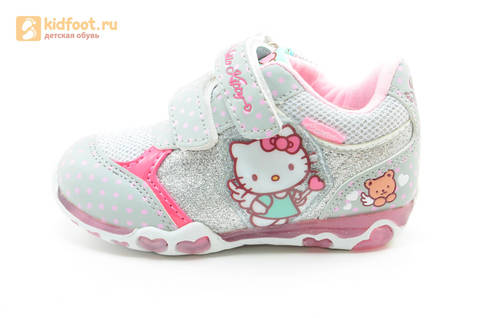 Светящиеся кроссовки для девочек Хелло Китти (Hello Kitty) на липучках, цвет серый, мигает картинка сбоку. Изображение 3 из 15.