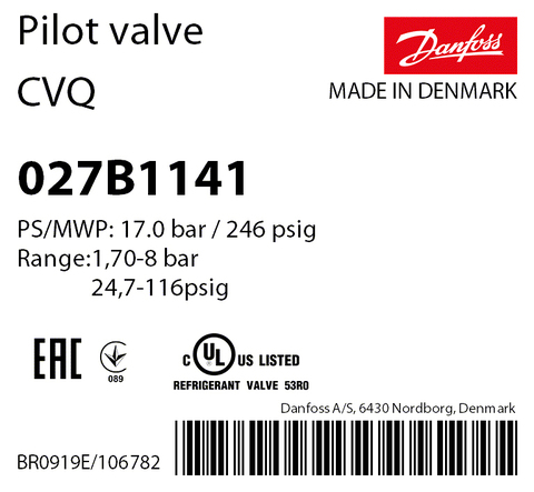 Пилотный соленоидный клапан постоянного давления Danfoss CVQ 027B1141