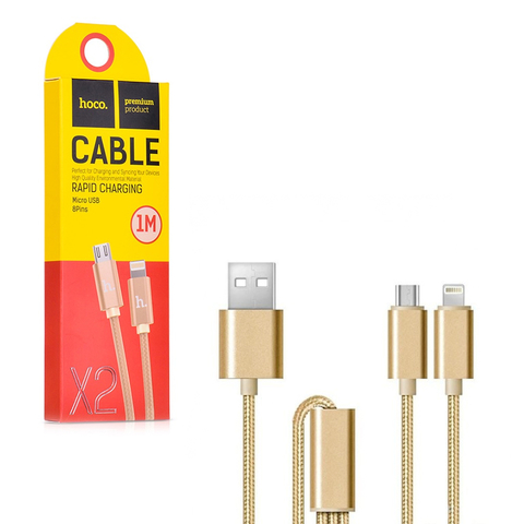 Кабель Hoco 2 в 1 USB - Lighting/Micro USB, 1м, золотой