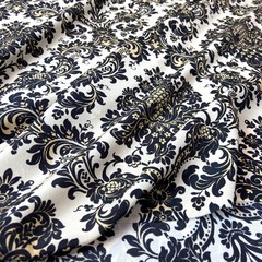 Ткань шелковый крепдешин орнамент барокко на молочном фоне  1108