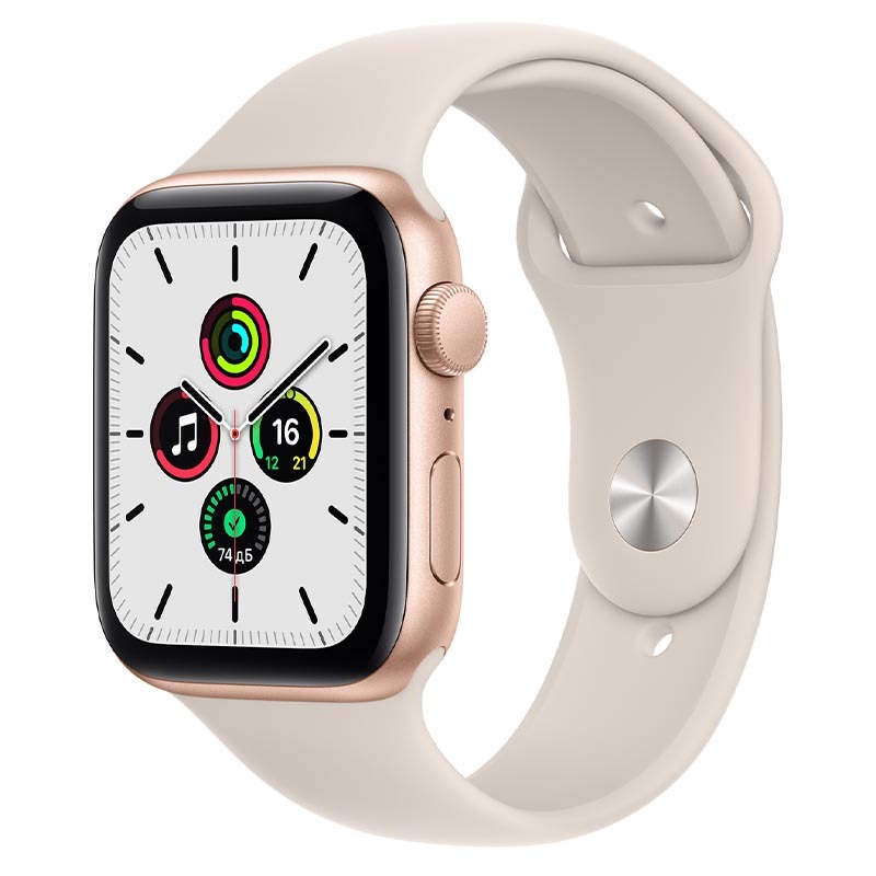 Apple Watch SE, GPS, 44 мм, алюминий золотого цвета, спортивный ремешок цвета «Сияющая звезда»