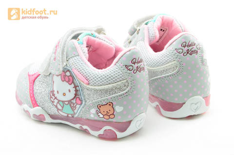 Светящиеся кроссовки для девочек Хелло Китти (Hello Kitty) на липучках, цвет серый, мигает картинка сбоку. Изображение 7 из 15.