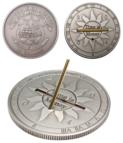 10 долларов 2004 Либерия. Монета - солнечные часы. Серебро с матовым чернением